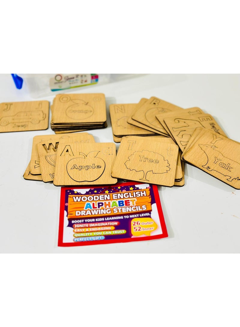 Clicko 3-in-1 Wooden Alphabet Puzzle and Drawing Stencil Set for Kids - Montessori Educational Letter Recognition Tiles with Uppercase & Lowercase Letters - Natural Wood Learning & Tracing Toy - Image 1